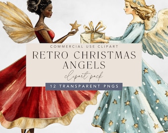 Clipart de anjo de Natal retrô, clipart de anjo vitoriano em aquarela vintage, gráfico png de ornamento de anjo, download instantâneo com uso comercial