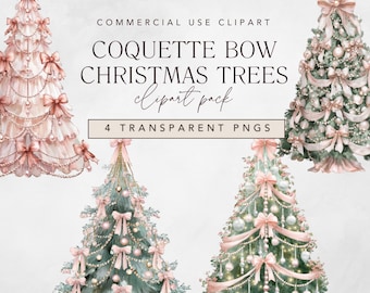 May include: Digital clipart pack featuring four watercolor Christmas trees. The trees are decorated with pink bows, ornaments, and garlands. The text reads "Coquette Bow Christmas Trees clipart pack" and "4 Transparent PNGs."