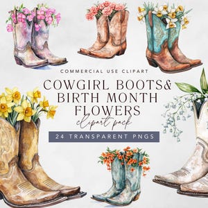 Bottes de cow-girl et clipart fleur, aquarelle florale bottes de cow-boy, cow-girl côtière et Western téléchargement numérique png w / mois de la fleur de naissance