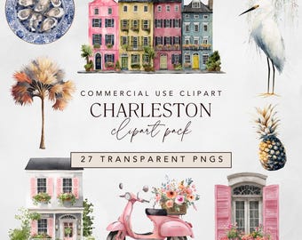 Watercolor Charleston Clipart: South Carolina Scenes, Magnolia Flowers (Digital Download)