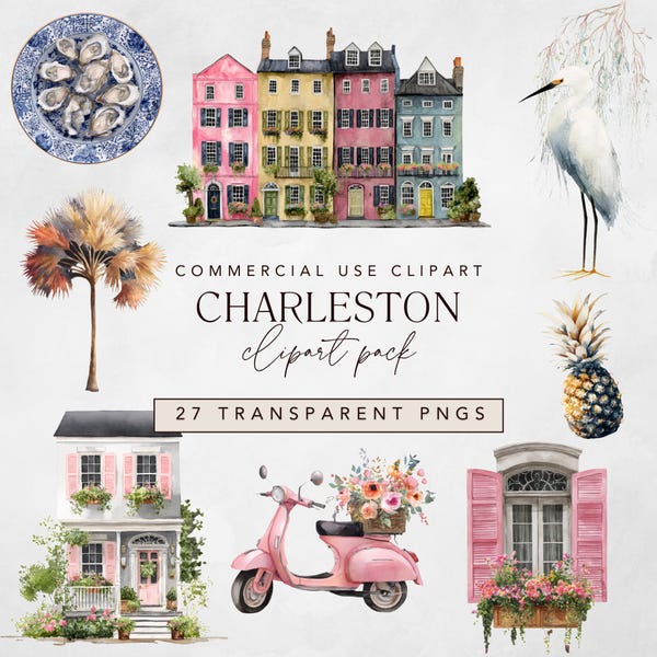 Watercolor Charleston Clipart: South Carolina Scenes, Magnolia Flowers (Digital Download)