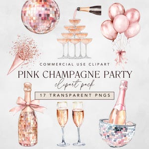 Clipart champagne rose avec une bouteille et des verres de Champagne et png pour mariage, mariée, fête du nouvel an rose et célébration