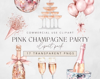 Pink Champagne Clipart with Champagne Bottle and Glasses and Coquette Bow png for Wedding, Bridal, Pink New Years Eve Party and Celebration