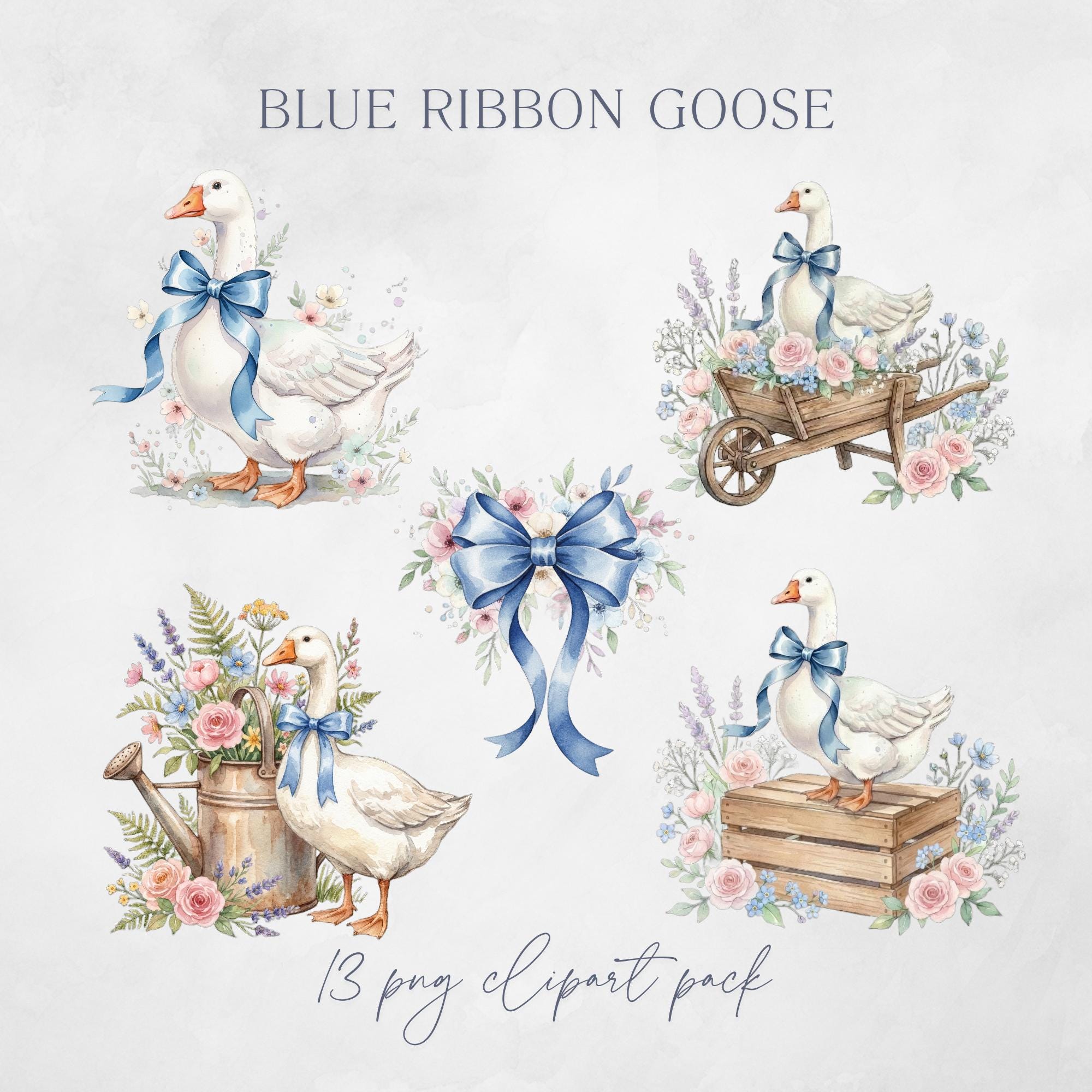 Blue Ribbon Goose Watercolor Clipart W/ Vintage Coquette and Spring ...