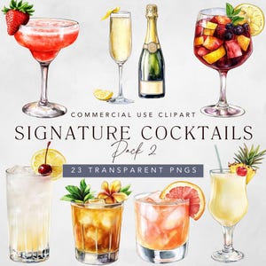 Clipart di cocktail esclusivi, illustrazioni di cocktail ad acquerello per insegne nuziali con Pina Colada, Bellini alla pesca, Daiquiri, cocktail estivi tropicali