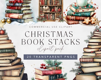 Christmas Book Stack Clipart, Transparent png Festive Clipart of Watercolor Christmas Books Bundle for Bookworm, Book Club, Book Lover Girl