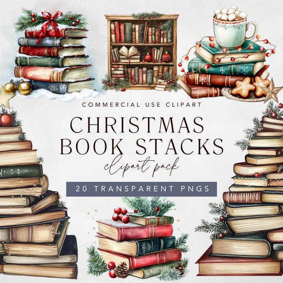 Christmas Book Stack Clipart, Transparent png Festive Clipart of Watercolor Christmas Books Bundle for Bookworm, Book Club, Book Lover Girl