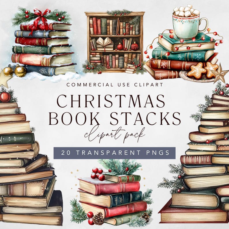 Puede incluir: Un conjunto de 20 im&aacute;genes de clipart digitales que presentan pilas de libros decorados con elementos navide&ntilde;os. Los libros son de varios colores y tama&ntilde;os, algunos con acentos rojos y verdes. El clipart es perfecto para crear dise&ntilde;os festivos para tarjetas, invitaciones y otros proyectos.