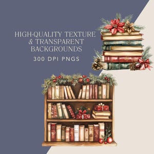 Puede incluir: Una ilustraci&oacute;n de acuarela de una estanter&iacute;a con libros, vegetaci&oacute;n navide&ntilde;a y adornos. La estanter&iacute;a est&aacute; decorada con adornos navide&ntilde;os rojos y verdes. Los libros son de todos los colores y tama&ntilde;os. La ilustraci&oacute;n est&aacute; sobre un fondo azul.