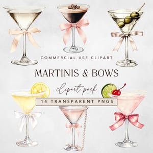 Bicchiere da Martini con fiocco Clipart, Espresso acquerello + Martini sporco con fiocco rosa, Addio al nubilato Coquette, Cocktail Hour o Social Club