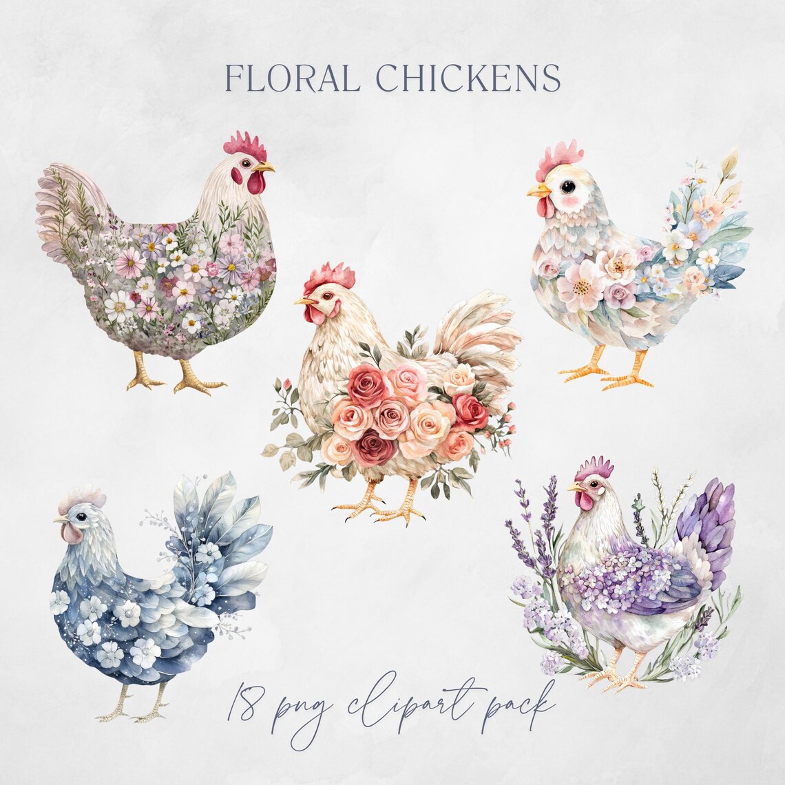 Watercolor Floral Chicken Clipart: Farm Animal PNG, Commercial Use - Etsy