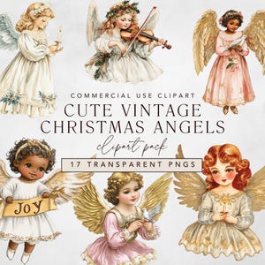 Retro Christmas Angel and Vintage Victorian Angels Clipart, Watercolor Angel Girls and Holiday Clip Art png, Commercial Use Digital Download