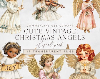 Retro Christmas Angel and Vintage Victorian Angels Clipart, Watercolor Angel Girls and Holiday Clip Art png, Commercial Use Digital Download