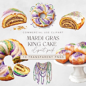 Clipart de gâteau de roi pour le carnaval de Mardi Gras de la Nouvelle-Orléans et la célébration du mardi gras, aquarelle fleur de lys, masque de mascarade png thumbnail