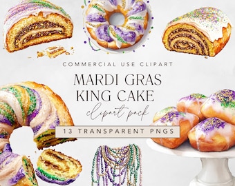 King Cake Clipart for New Orleans Mardi Gras Carnival and Fat Tuesday Celebration, Watercolor Fleur De Lis, Masquerade Mask, and Beads png
