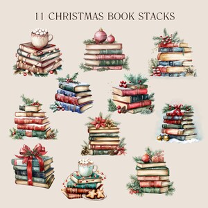 Puede incluir: Once ilustraciones de acuarela de pilas de libros decoradas con elementos navide&ntilde;os, como adornos, acebo y una taza de chocolate caliente. Cada pila presenta una variedad de libros coloridos.