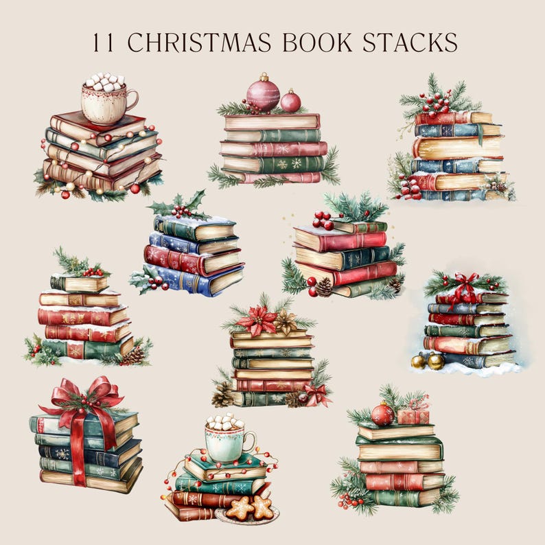Puede incluir: Once ilustraciones de acuarela de pilas de libros decoradas con elementos navide&ntilde;os, como adornos, acebo y una taza de chocolate caliente. Cada pila presenta una variedad de libros coloridos.