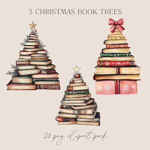 Puede incluir: Tres ilustraciones de acuarela de &aacute;rboles de Navidad hechos de libros apilados. Los &aacute;rboles est&aacute;n decorados con bayas rojas, una estrella y un lazo rojo. El texto "3 CHRISTMAS BOOK TREES" y "20 png clipart pack" es visible en la parte superior e inferior de la imagen.