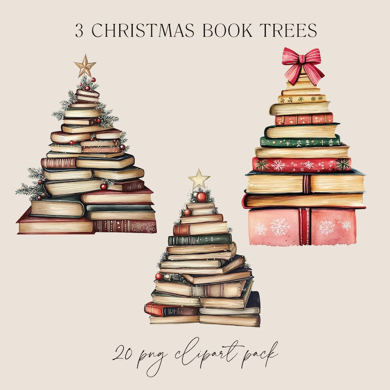 Puede incluir: Tres ilustraciones de acuarela de &aacute;rboles de Navidad hechos de libros apilados. Los &aacute;rboles est&aacute;n decorados con bayas rojas, una estrella y un lazo rojo. El texto "3 CHRISTMAS BOOK TREES" y "20 png clipart pack" es visible en la parte superior e inferior de la imagen.