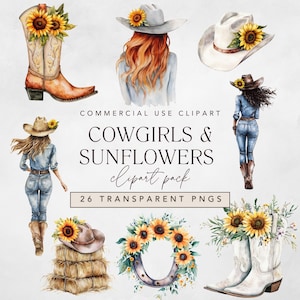 Clipart cow-girls et tournesols, chapeau de cowboy aquarelle + bottes avec tournesol, clipart floral d'été cow-girl, bouquetière png usage Commercial