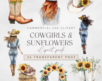 Clipart di girasole cowgirl acquerello: cappello da cowboy e stivali (download digitale PNG)