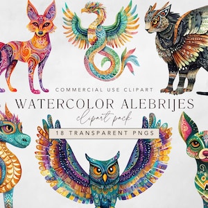 Clipart Alebrijes, animaux guides spirituels dans l'art populaire mexicain, Dia de los Muertos and Fiesta, clipart aquarelle Mexique pour usage commercial