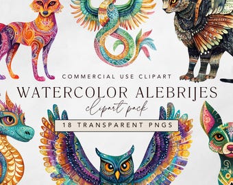 Alebrijes Clipart, Animales Guía Espiritual en el Arte Popular Mexicano, Día de Los Muertos y Fiesta, Acuarela México Clipart para Uso Comercial