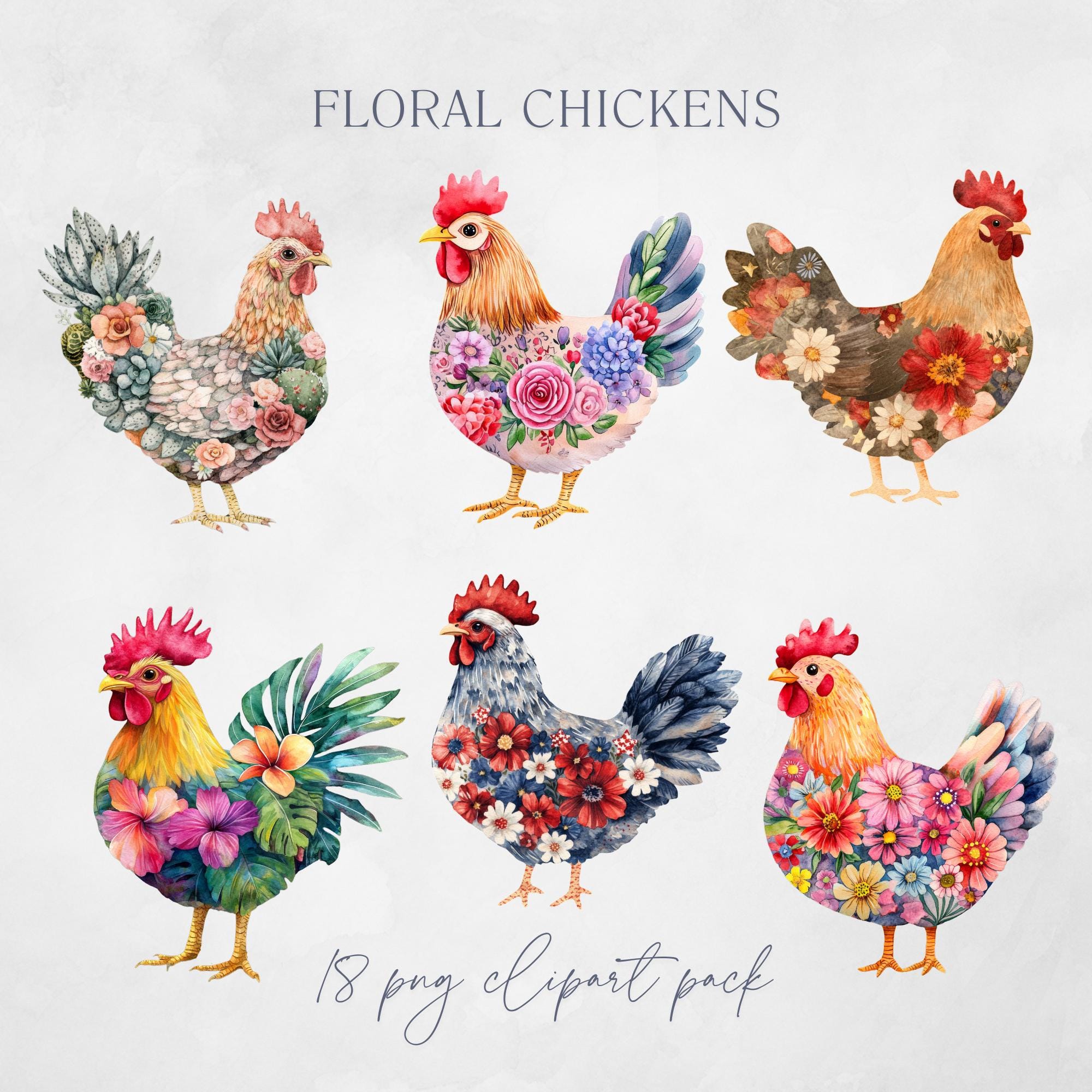 Watercolor Floral Chicken Clipart: Farm Animal PNG, Commercial Use - Etsy