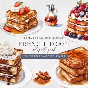 Tosty francuskie Clipart, Png Digital Download dla Junk Journal Digital Crafting, Akwarela Brunch Food Clipart ze scenami chleba i śniadania