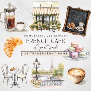 Clipart de café francês, confeitaria parisiense, cafeteria + aquarela ilustração de viagem pela rua de Paris com torre Eiffel, croissant + macaron png