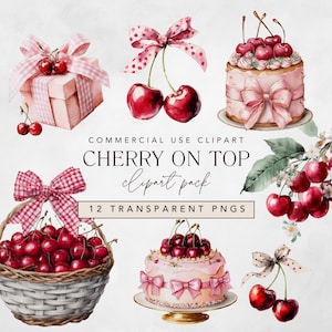 Puede incluir: Pack de imágenes prediseñadas de acuarela con cerezas, pasteles, cajas de regalo y lazos. El texto dice "CHERRY ON TOP clipart pack" y "12 TRANSPARENT PNGS". Las imágenes son en tonos rosa, rojo y blanco.
