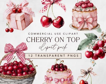 Cherry on Top Baby Shower Clipart featuring Watercolor Cherries, Pink Ribbons, Coquette Bows, Cake and a Cherry Wreath png (Commercial Use)