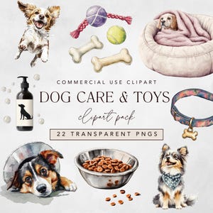 Hundepflege Clipart, Aquarell Haustierpflege Clip Art für Tierärzte, Tierliebhaber und Hundemütter | Inklusive Hund in Zapfen, Spielzeug und Knochen Illustrationen