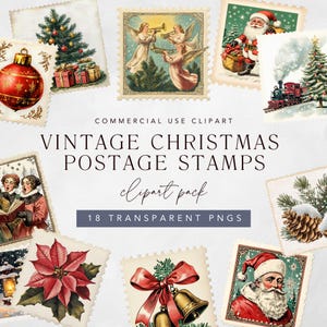 Kerstpostzegels clipartbundel, aquarel 300 dpi, vintage ephemera, Santa Mail vintage postzegel, versieringen van ongewenste dagboeken