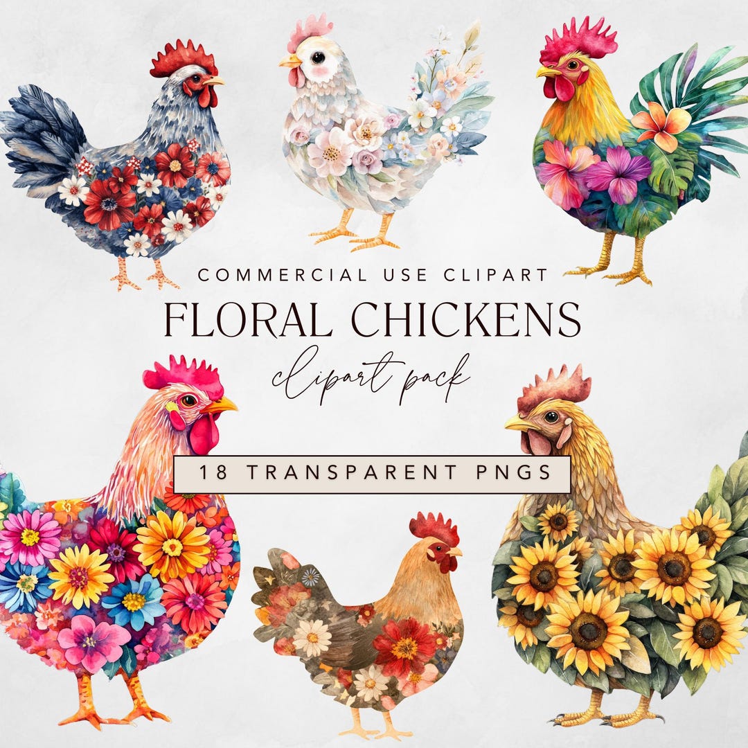 Watercolor Floral Chicken Clipart: Farm Animal PNG, Commercial Use - Etsy
