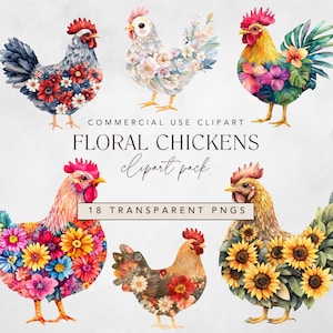 Clipart floral de poulet avec illustration de poulet aquarelle, poule avec fleurs fantaisistes, animaux de la ferme Clip Art png, sublimation, usage Commercial
