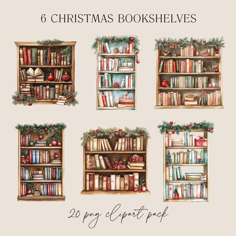 Puede incluir: Seis ilustraciones de acuarela de estanter&iacute;as de libros de Navidad decoradas con vegetaci&oacute;n, adornos rojos y regalos. Cada estanter&iacute;a est&aacute; llena de libros y tiene un marco de madera r&uacute;stico. El texto "6 ESTANTER&Iacute;AS DE LIBROS DE NAVIDAD" aparece en la parte superior de la imagen, y el texto "20 png clipart pack" aparece en la parte inferior.