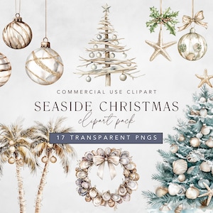 Kust kerst clipart met tropische strandvakantie in neutrale aquarel met palmboom, anker, krans, schelp clipart png, commercieel gebruik