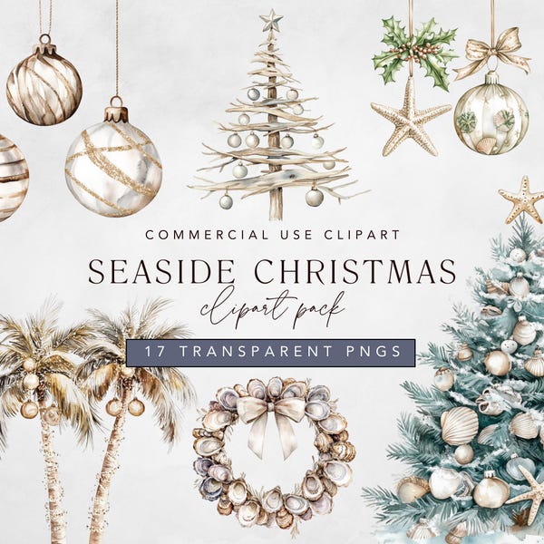 Küsten Weihnachten Clipart: Aquarell Urlaub in neutralen Tönen PNG (kommerzielle Nutzung)