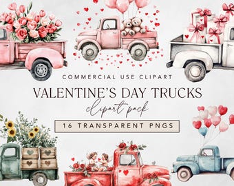 Valentine Truck Clipart, Watercolor Clipart w/ Pink Truck, Truck with Hearts, Love Heart png for Valentines Day, Instant Digital Download
