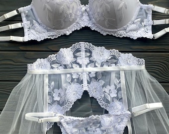 Bridal white lace lingerie set – handmade wedding underwear, garter belt & bra, honeymoon lingerie gift