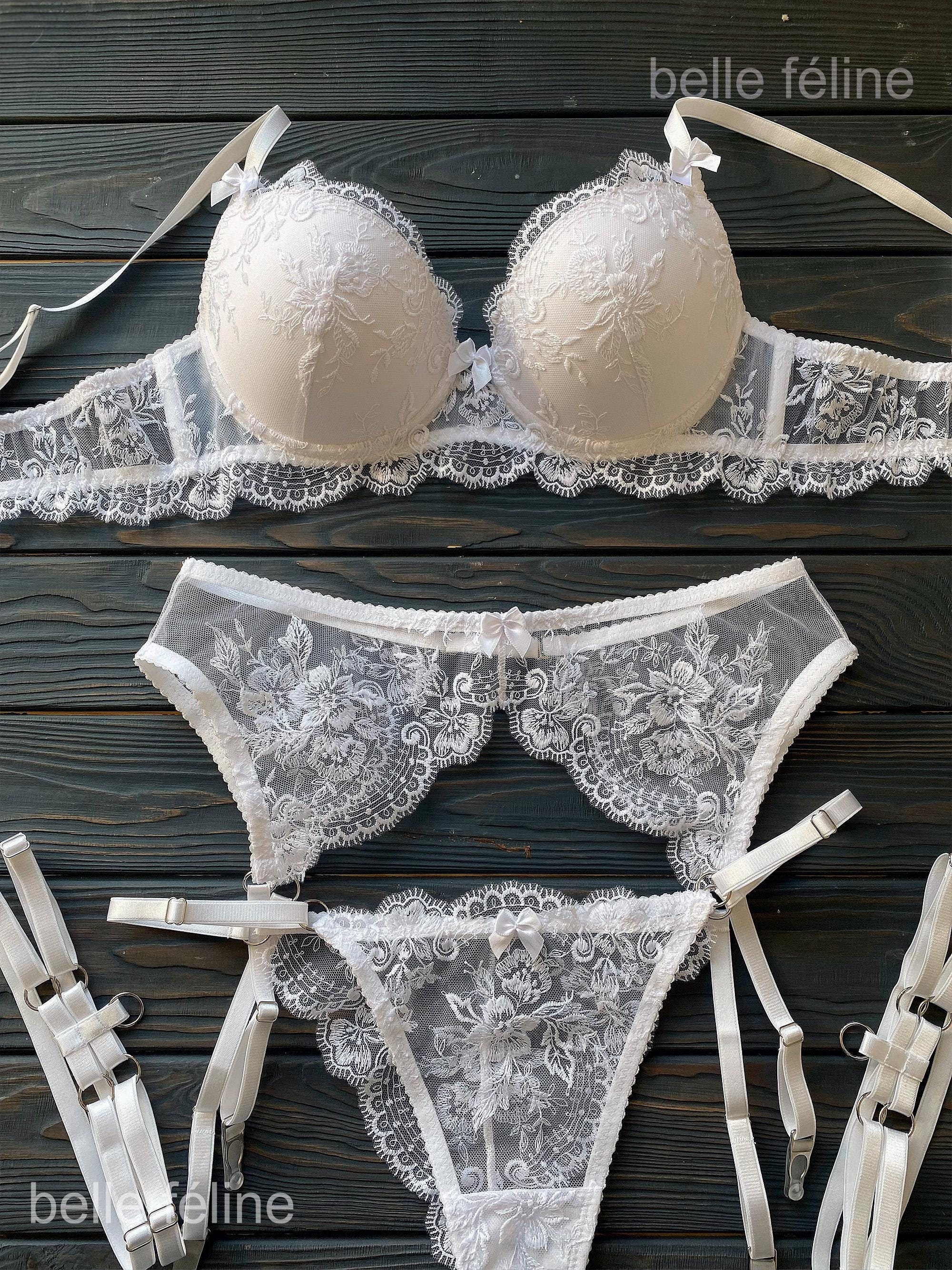 White Sheer Lace Lingerie Set With Floral Embroidery — Bridal