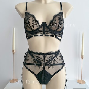 black lingerie for woman, romantic babydoll lingerie, transparent lace lingerie sexy, garter belt custom lingerie, floral lingerie set
