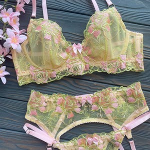 Light Green Floral Embroidery Lingerie Set – Sheer Mesh Bra, Garter Belt & Strappy Panties