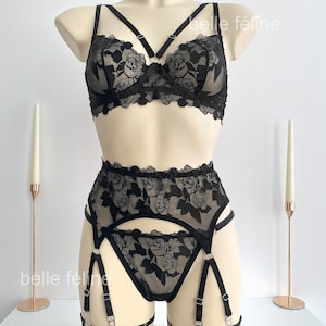 black lingerie, romantic babydoll lingerie, transparent lace lingerie sexy, garter belt custom lingerie, floral lingerie set