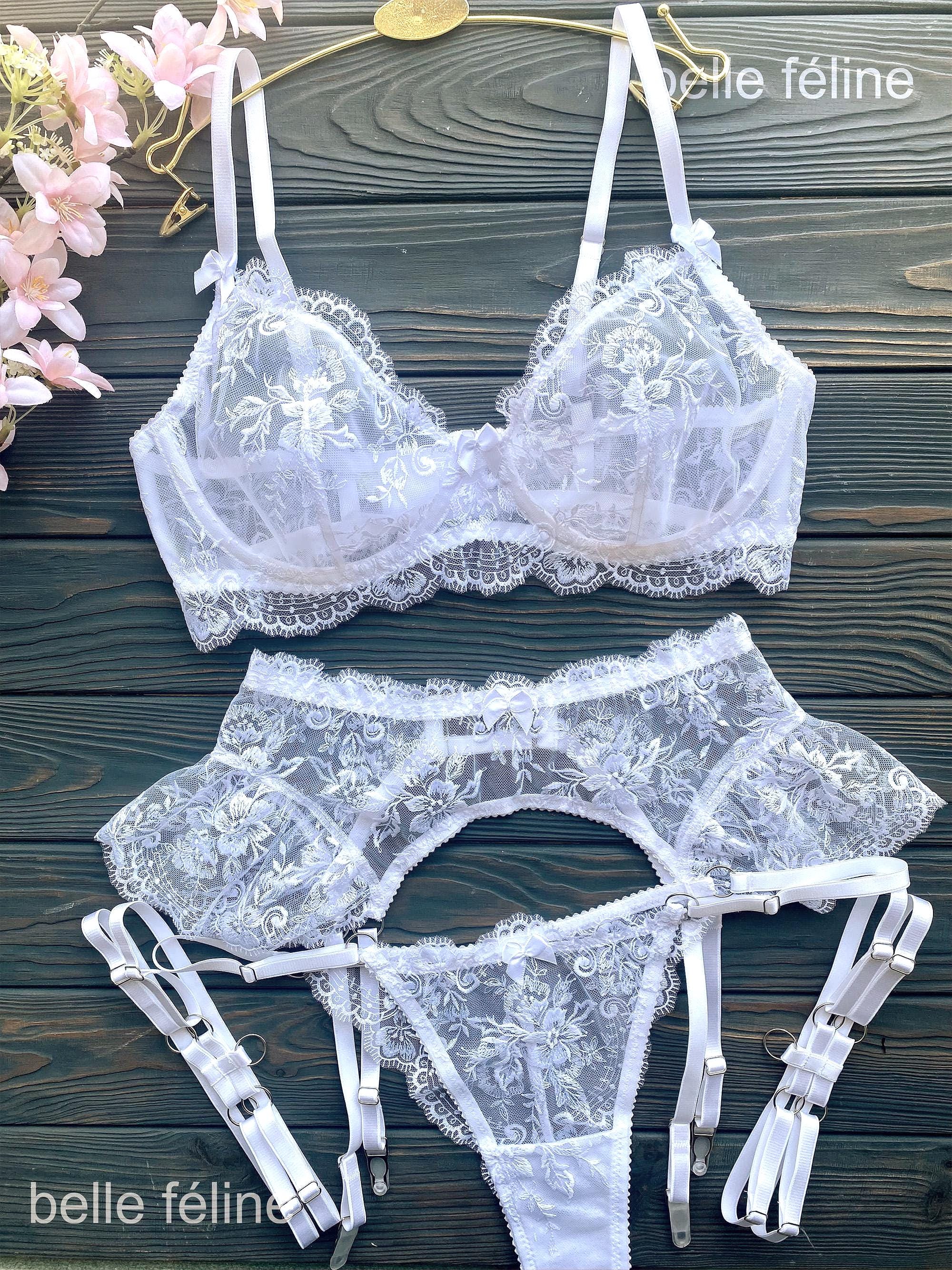 White Sheer Lace Lingerie Set With Floral Embroidery  Bridal Garter Belt  Design - Etsy