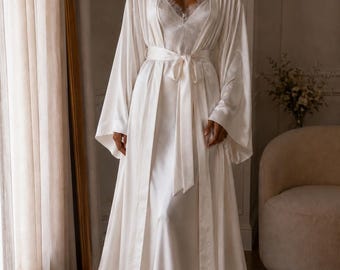White Wedding Morning Robe and Lace Slip Dress Set, Long Satin Bridal Kimono
