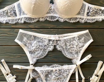 Luxury White Lace Bridal Lingerie Set - Handmade Wedding Underwear for Bride & Honeymoon Nights