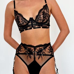 Black Floral Embroidered Lingerie Set with Strappy Chains and Garter Belt — Bold and Romantic Design