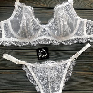 White Floral Lace Bridal Lingerie Set, Underwire Bra, Sheer Thong and Garter Belt